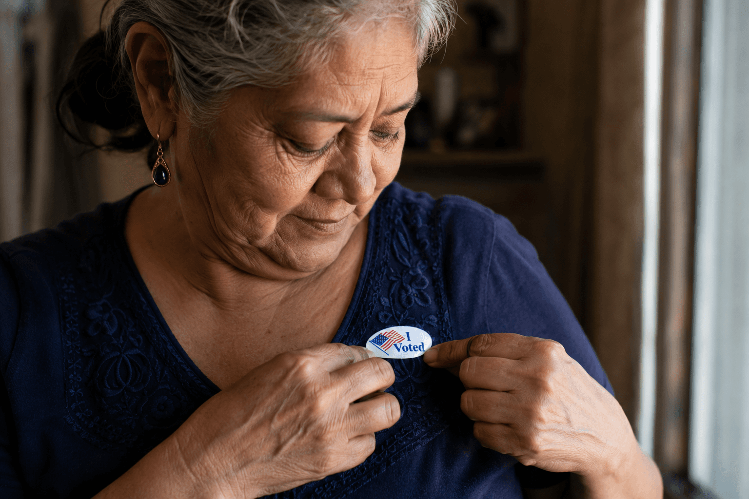 A California voter placing an “I Voted” sticker on her blouse